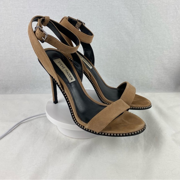Steve Madden Tan Suede Studded Ankle-Strap Heels - Picture 4 of 11